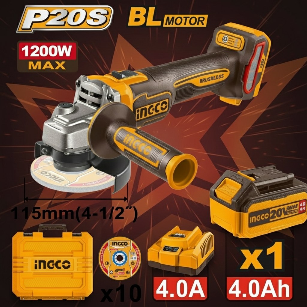 Ingco Cordless 20v Angle Grinder 115mm 1200w (CAGLI221153)